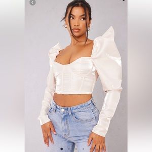 Shine Satin blouse puff long sleeve crop corset